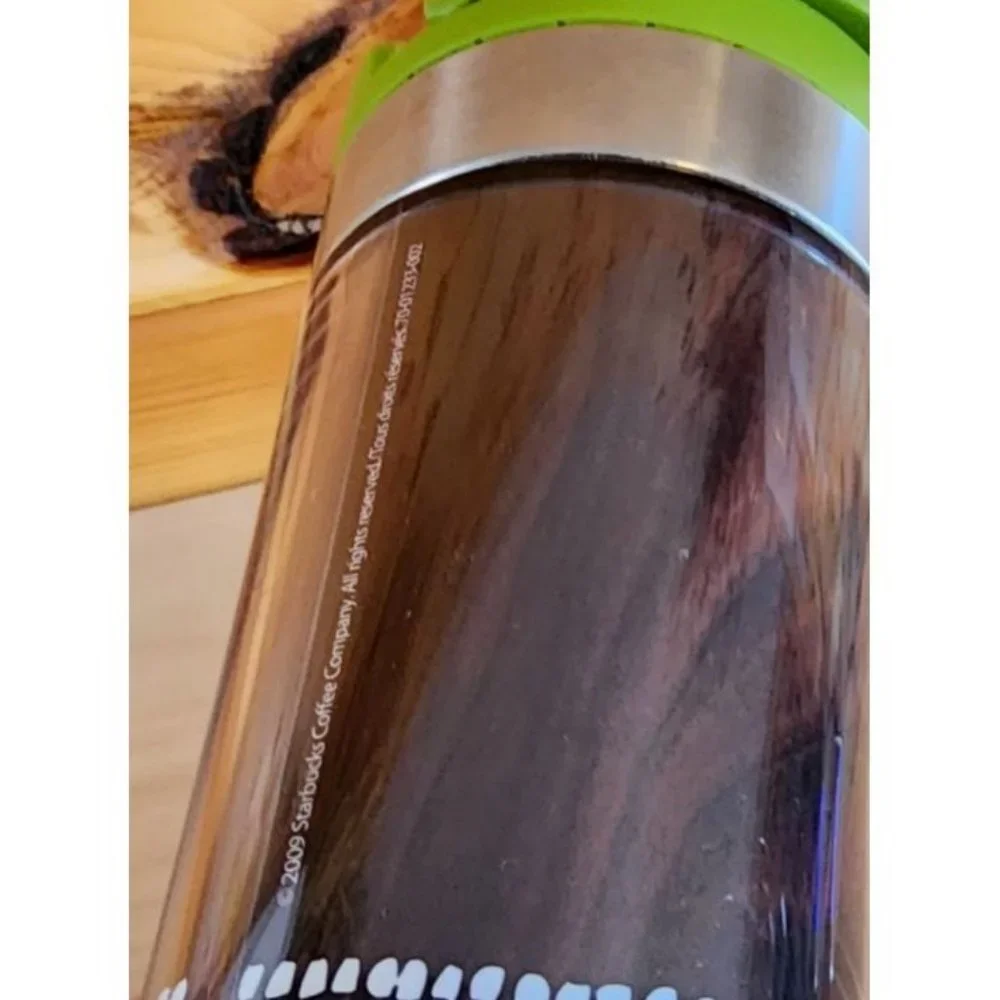 Starbucks Coffee Wood Green Tumbler 12oz Tin Flip Lid Nature Travel Mug 2009